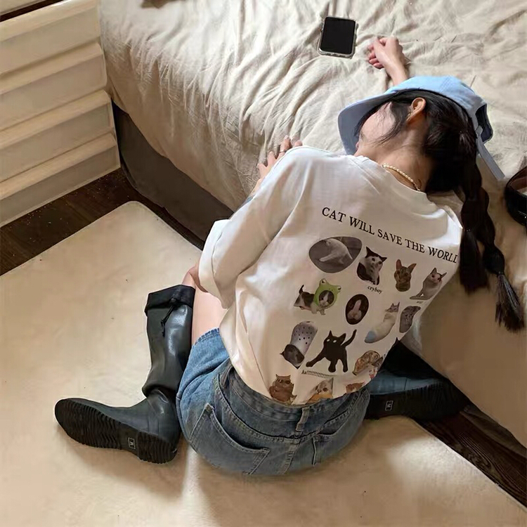 [wgwe] personalized cat print loose short sleeve T-shirt 1827\pcz