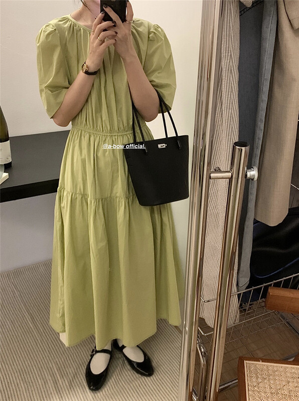 [a-bow studio] round neck bubble sleeve backless design dress 15195\zjy