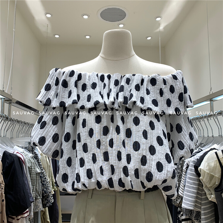 [sauvag] retro wave dot off shoulder short shirt ys1-236\zjy