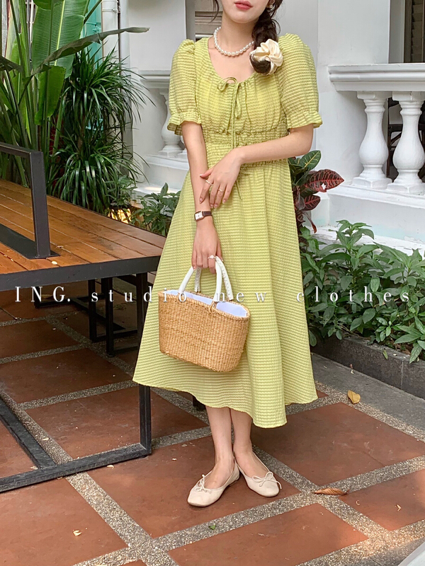 [ing] sweet little dark lattice lace up bow dress 9065-1