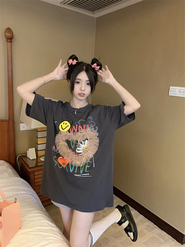 [y.jia EJA] heavy industry lace three-dimensional love printed short sleeve T-shirt ys1-1066\pcz