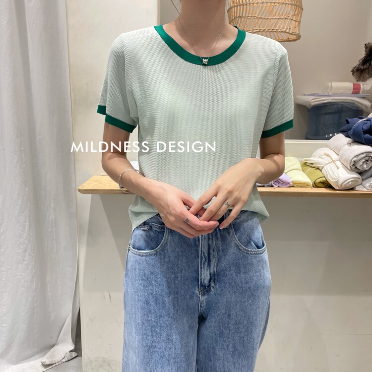 【 mildness 】 curve bead color contrast short sleeve versatile T-shirt d246\zjy