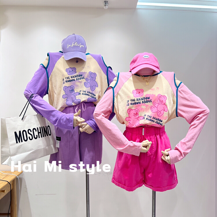 [Helmi] Korean version stitching, color contrast, shoulder leakage design, little bear printed sun shirt (only selling sun shirt) 1909\wtt
