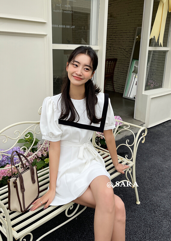 In early summer! [Sara] Korean irregular color contrast collar dress (with detachable waist rope) 16895\lwy