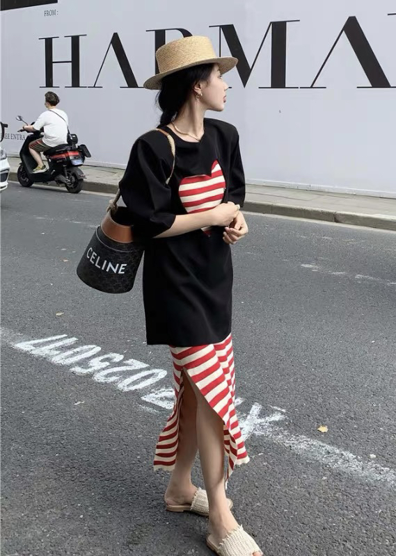 [JH] net red hollow out short sleeve top + striped vest skirt suit (only suit) 41979\pcz