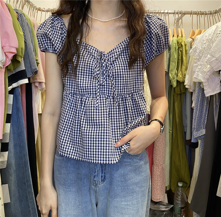 [cepar] Korean small check short shirt 7217\hjy