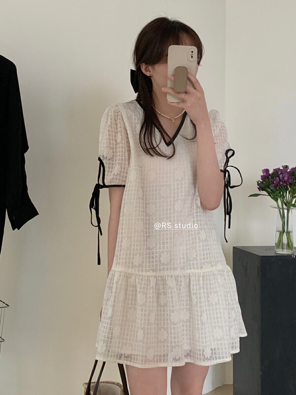 [RS] checkered flower color matching sweet dress rs2186\xyy
