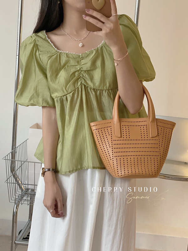 [cherry studio] fresh and simple bubble sleeve U-neck shirt 5255\hbx