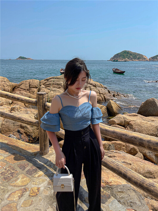 In early summer! [Cr] pure desire style peach collar denim vest / sling 6129\pcz