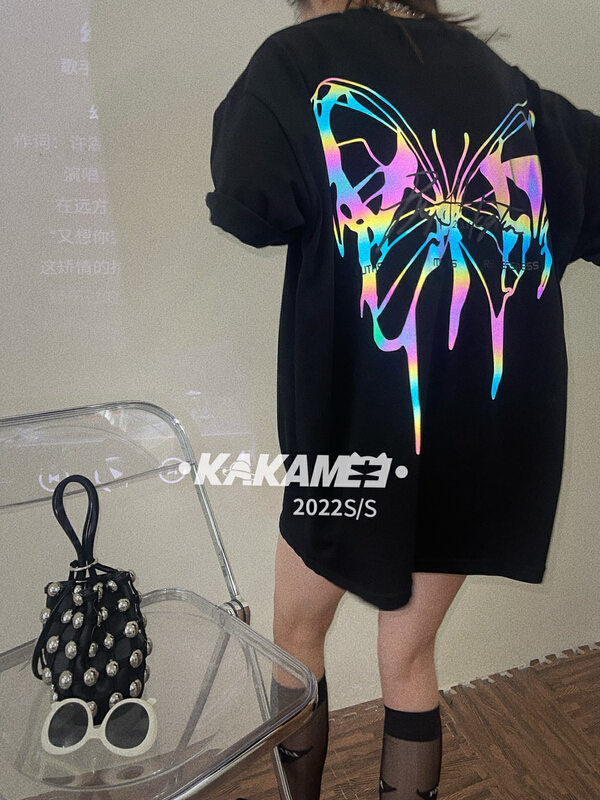 [kakamee] heavy industry embroidery back closed butterfly short sleeve T-shirt s528\lsl