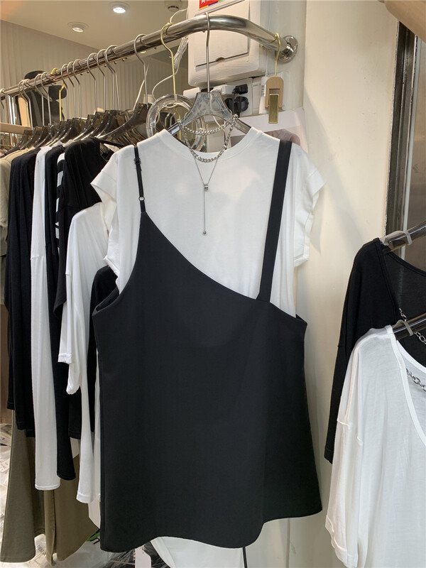 [h · l] casual solid color short sleeve T-shirt + irregular design strap skirt set 8813\pcz