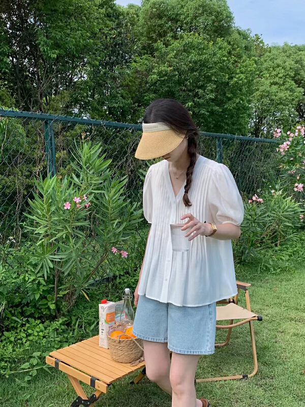 [purple potato home] V-neck single breasted comfortable shirt 17503\hbx