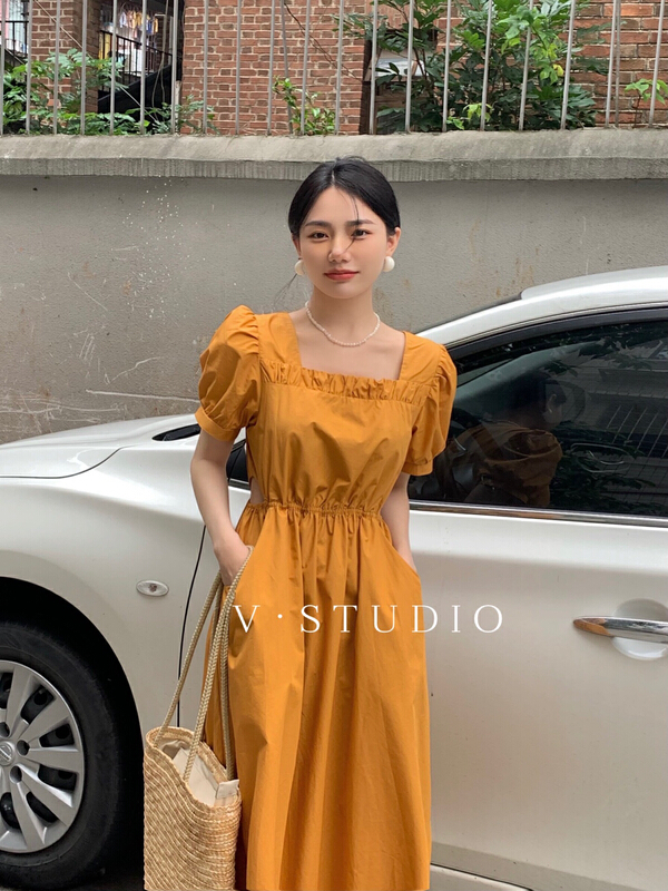 [v.studio] Fashion Square Neck bubble sleeve hollow out dress 6657\zjy