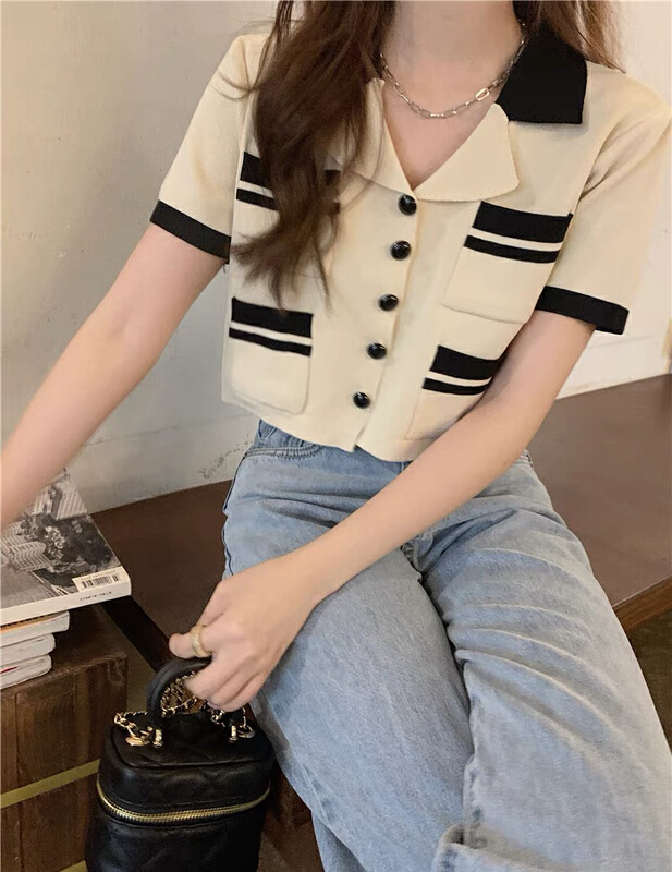 [f · P] sweet little fragrance Lapel contrast pocket short sleeve knitted cardigan 39127\hbx