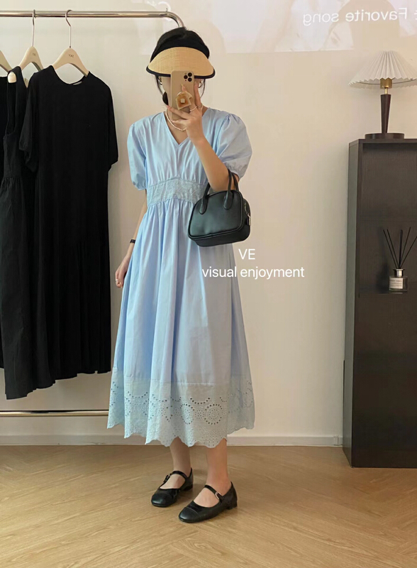 [ve] V-neck Lace Panel slim dress 99027\hbx