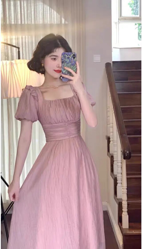 [jun.t] French gentle wind closing waist showing thin fairy square neck dress 6117\pcz