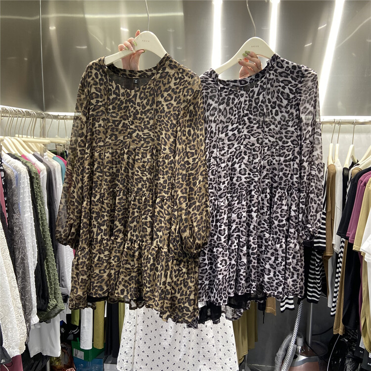 [akxk] Korean style trend long sleeve leopard Chiffon Dress 4676\l