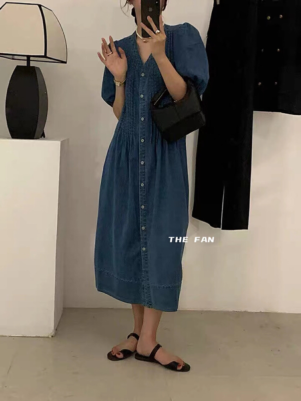 [the fan] V-neck single breasted pleated denim skirt 503822\pcz