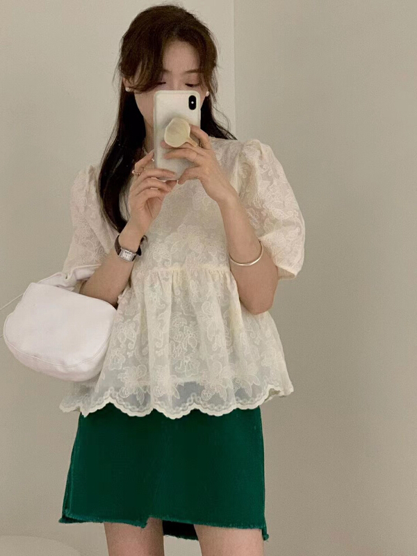 【 RS 】 heavy industry Tiansi embroidery bubble sleeve shirt rs1812\xyy