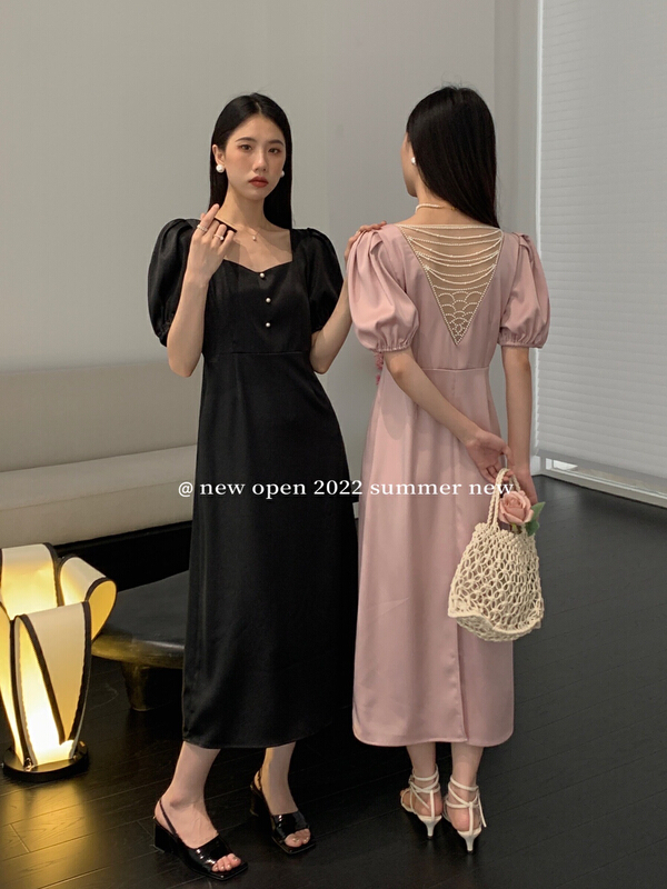[new open] French square neck back Beaded sexy backless bubble sleeve dress hl22885\zxx