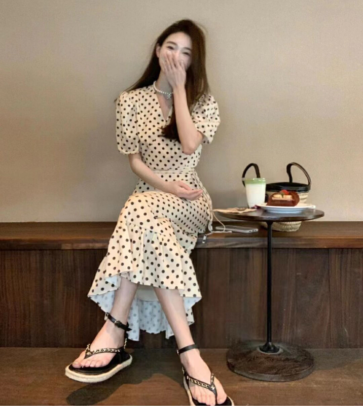 [mi ni] French wave point bandage waist leakage shirt ➕ High waist slim skirt suit 1238\pcz