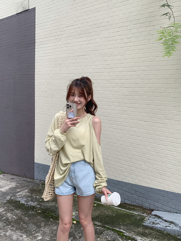 [as] off shoulder fashion loose long sleeve T-shirt 2236\hjy