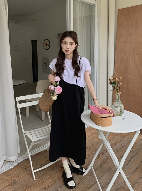 [timely rain] simple and versatile short sleeve T-shirt + irregular sling slit dress set 11179\wpl