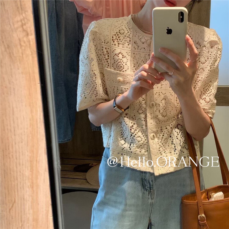 【 orange 】 round neck button cut lace blouse 8876\hbx