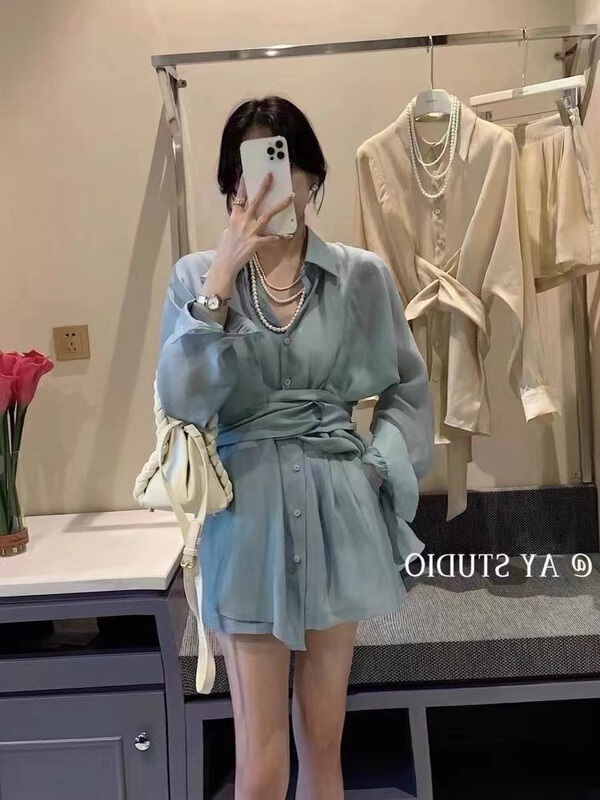 [new time /l&y home] casual simple button up bandage shirt + simple comfortable solid color loose casual Shorts Set 1223\xyy