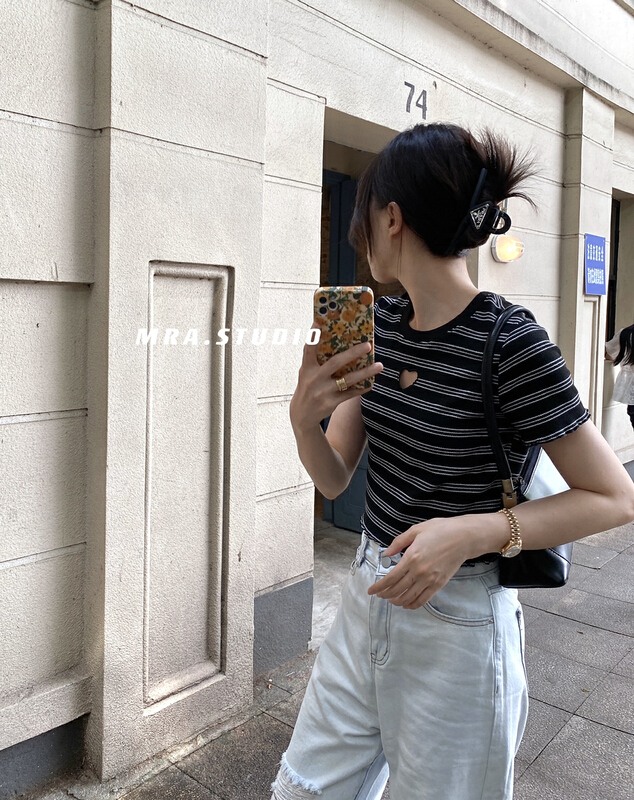 [MRA] fashion stripe love hollow out short sleeve T-shirt l1109\cqw