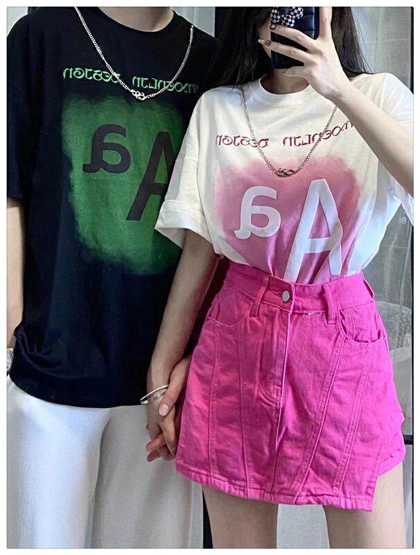 [j.2] ins lovers' same chain versatile letter short sleeve T-shirt 4583\lsw