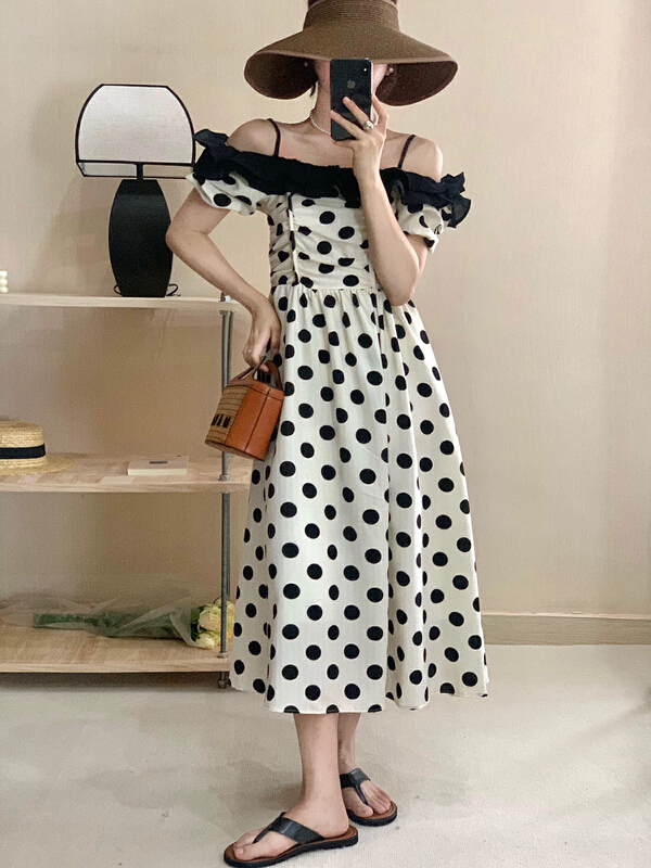 [bobi] off shoulder wave point fashion dress 8928\hjy