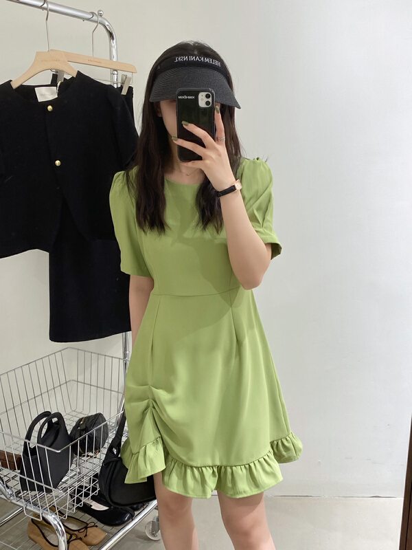 [chocolate] Korean fashion round neck Ruffle Dress (with belt) 21024\ll