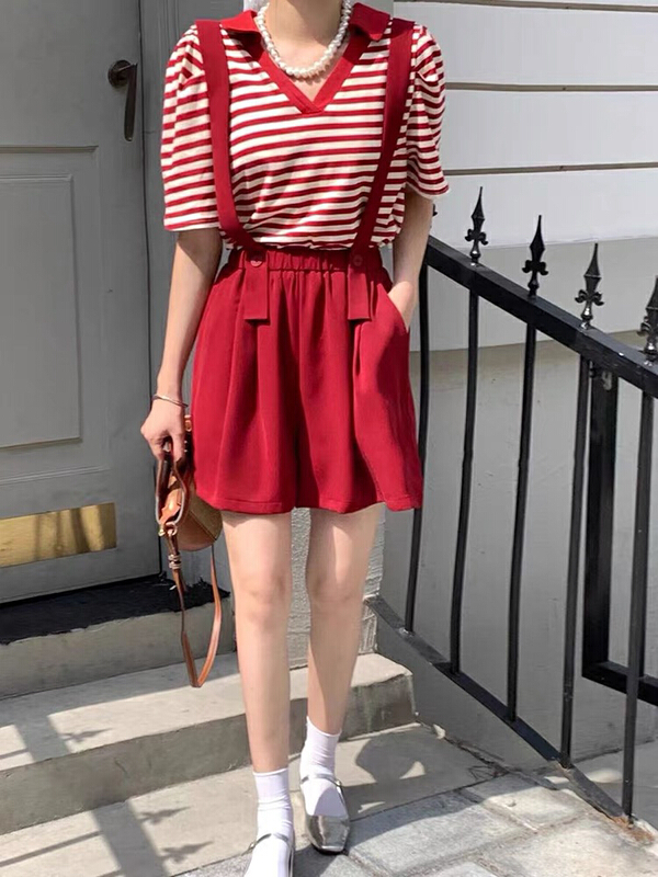 [blue show] Korean striped V-neck short sleeve + simple casual strap Shorts Set 8166\lsw