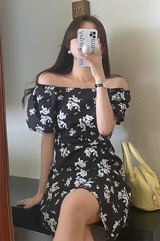 【 bobi 】 French slim one shoulder floral dress 8950\hjy