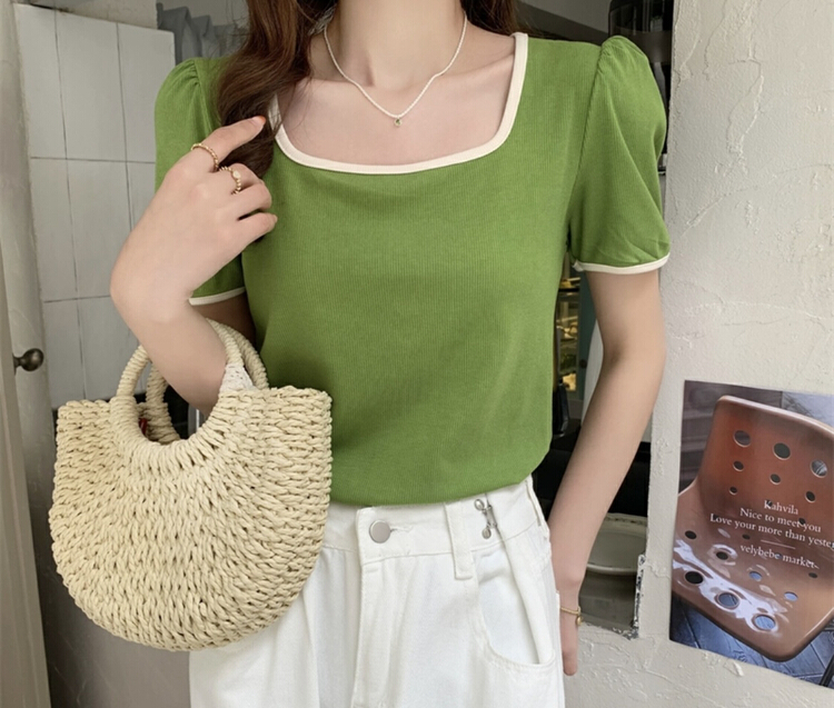 [Qiqi clothing house] French color blocked edge square neck bubble sleeve short sweater y309\xyy
