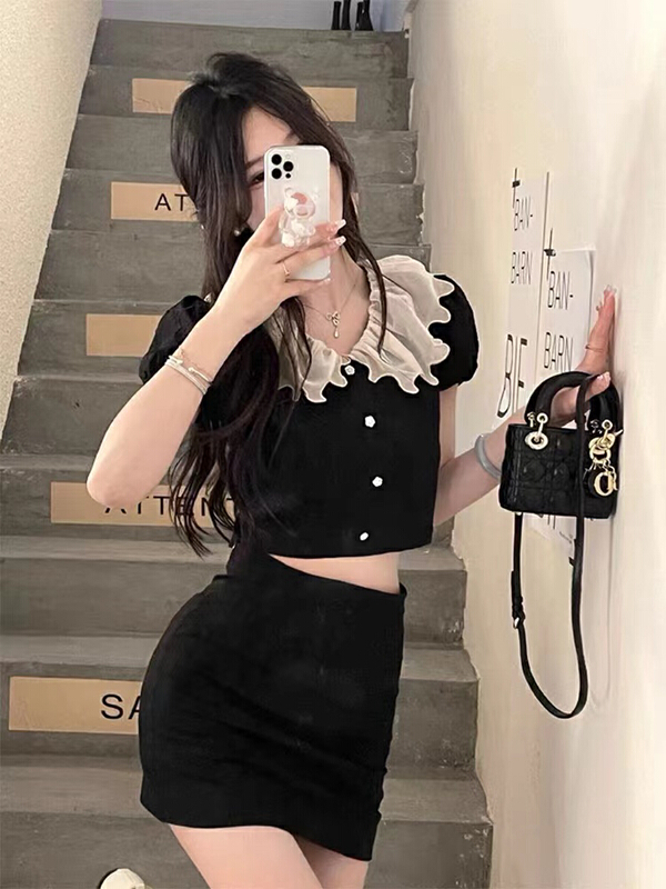 [are studio] lace collar patchwork blouse + high waist slim skirt set 81370\zxx
