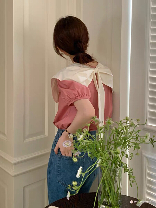 [blue show] Korean style baby neck bow tie two-piece bubble sleeve shirt 6168\lsw