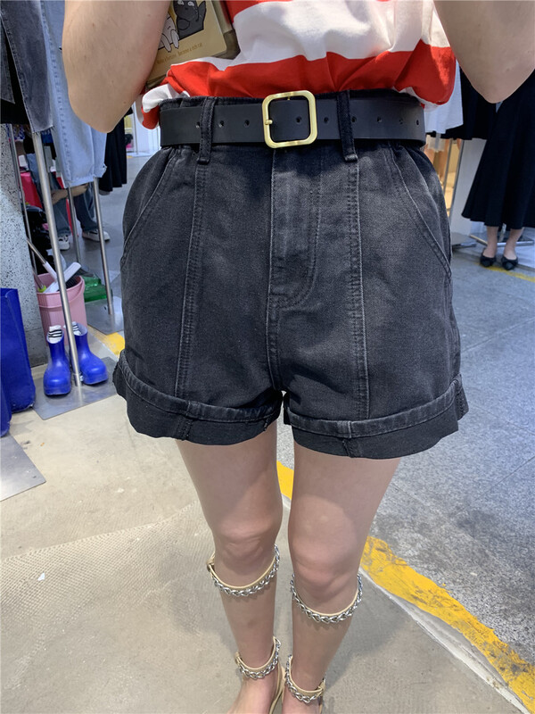 【 aus 】 solid color cuffed versatile denim shorts (with belt) g616\pcz
