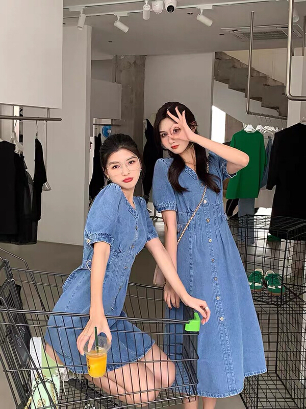 [Kiki studio] slim short sleeve V-neck denim dress 5963\hjy