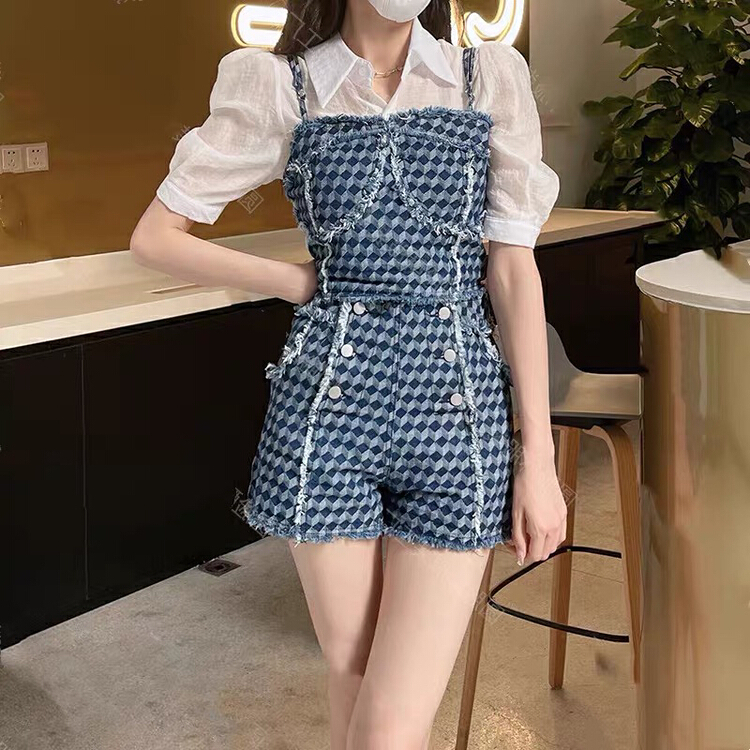 [jun.t] design short sleeve shirt + casual shorts + Korean Plaid vest / suspender three piece suit 6180\pcz