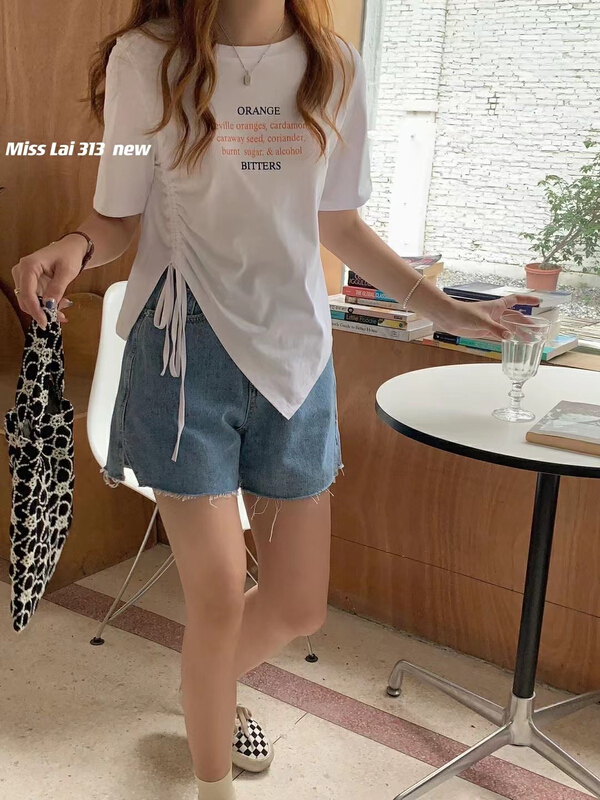 [HH &miss Lai] trend irregular drawstring versatile short sleeve T-shirt ys1-313\l