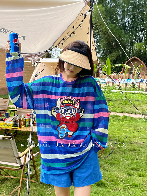 [JX] round neck loose stripe sunscreen shirt 1080\wtt