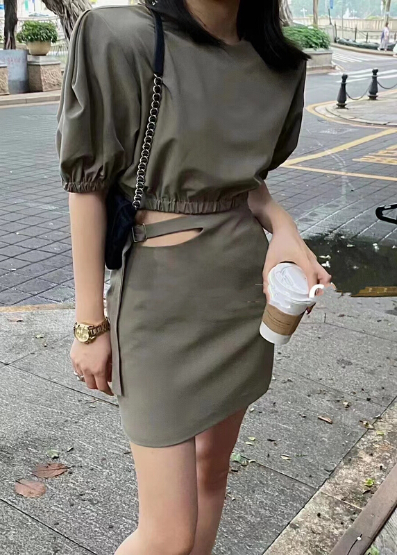 [MI] Korean Short loose blouse + careful machine design half skirt suit 9715\pcz