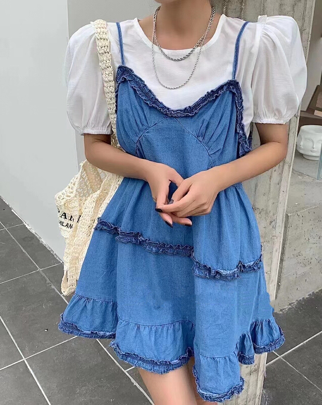 [MI] New Korean age reducing suspender skirt + bubble sleeve versatile small shirt set 9653\pcz