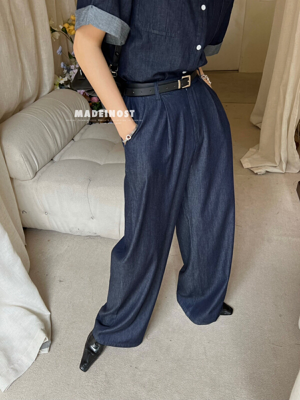 [OSHA madeinost] retro handsome Elastic Waist Wide Leg Jeans (with belt) 86327\ll