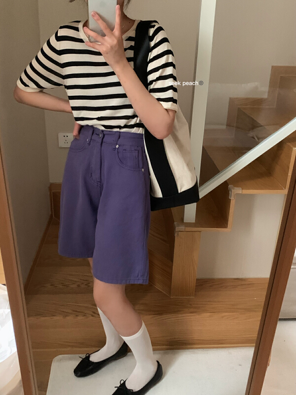 [seek peach] crew neck stripe comfortable short sleeve T-shirt 1909\ll