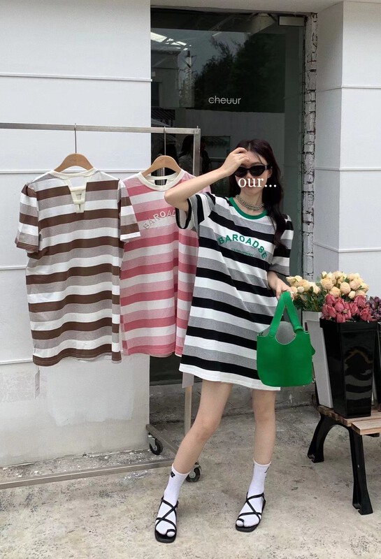 [our] fashion stripe contrast color 3D embroidery short sleeve T-shirt 10109\lsw