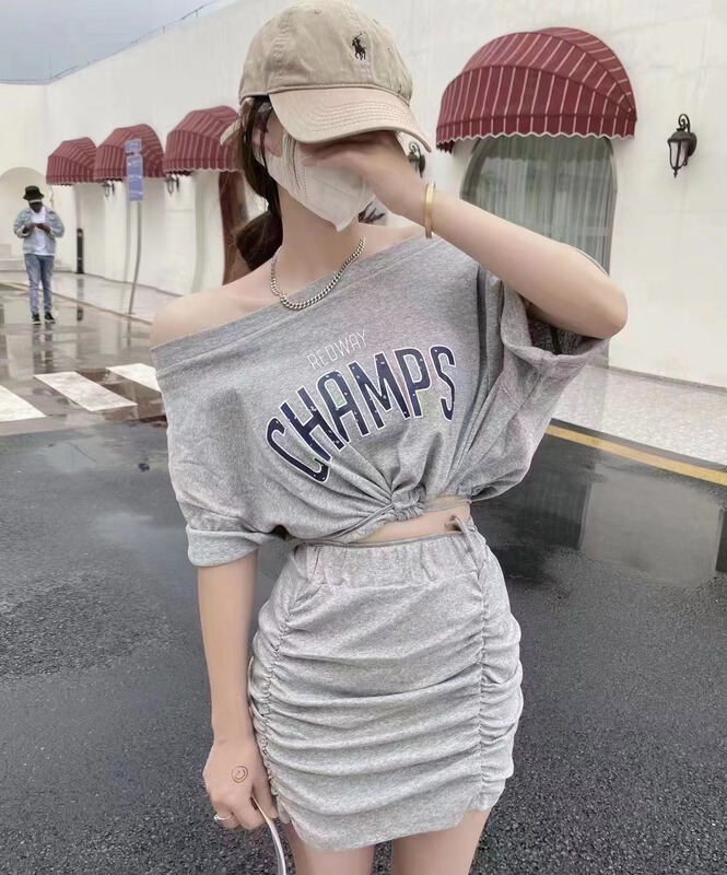 [top] hot girls' waist closing letter printed short sleeve + Hip Wrap Skirt Set ys2-8076\zjy