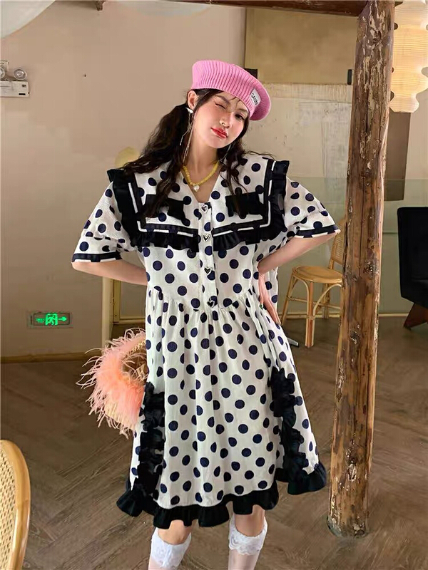 [Huaxi] French Navy neckline Ruffle polka dot dress 9151\pcz
